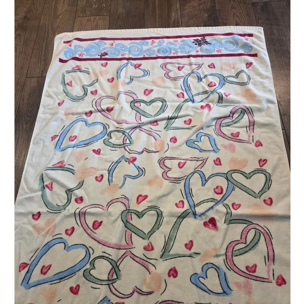 Brighton White Blue & Pink Heart Beach Towel Vintage 100% Cotton